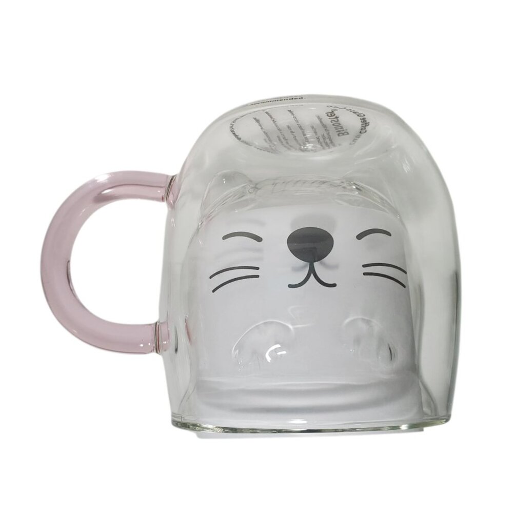 Cute Glass Coffee Mug Pink Handle Double Wall Design Cat Face Inner Pattern 8 oz